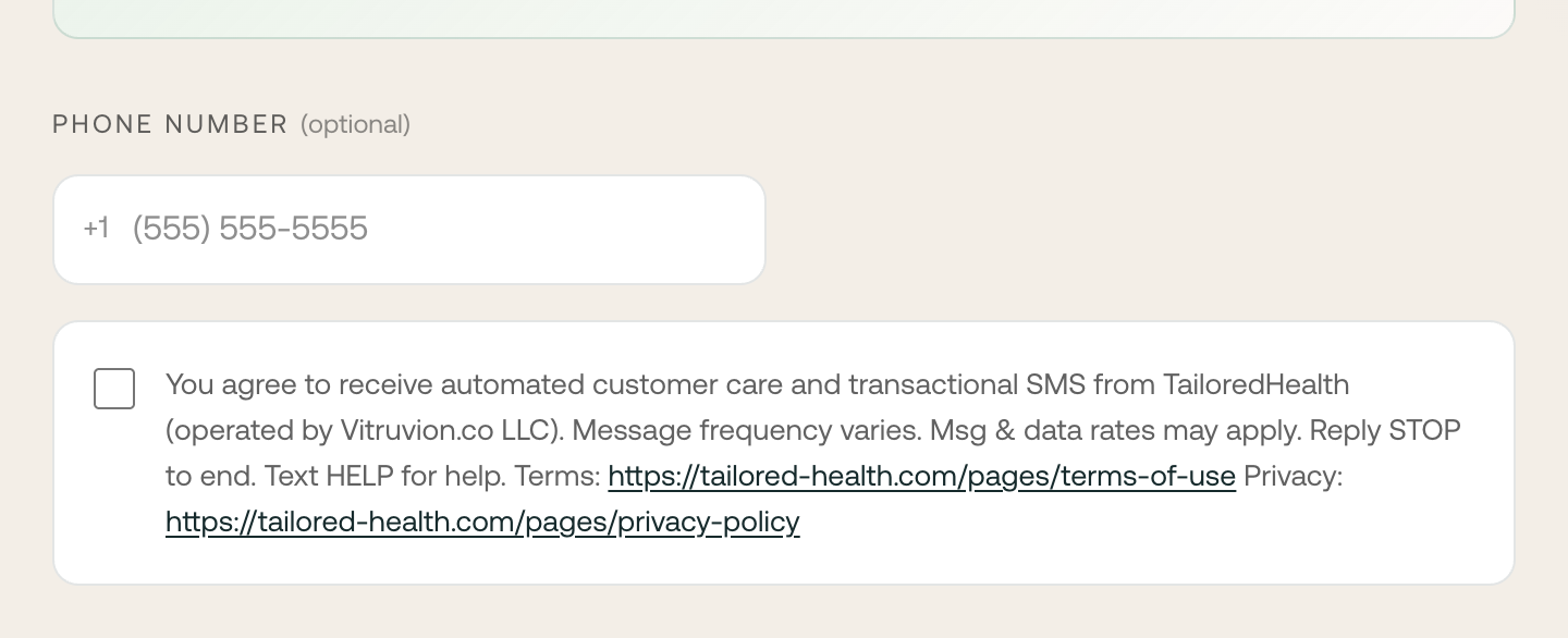 Optional phone number field and unchecked SMS consent checkbox for TailoredHealth, operated by Vitruvion.co LLC