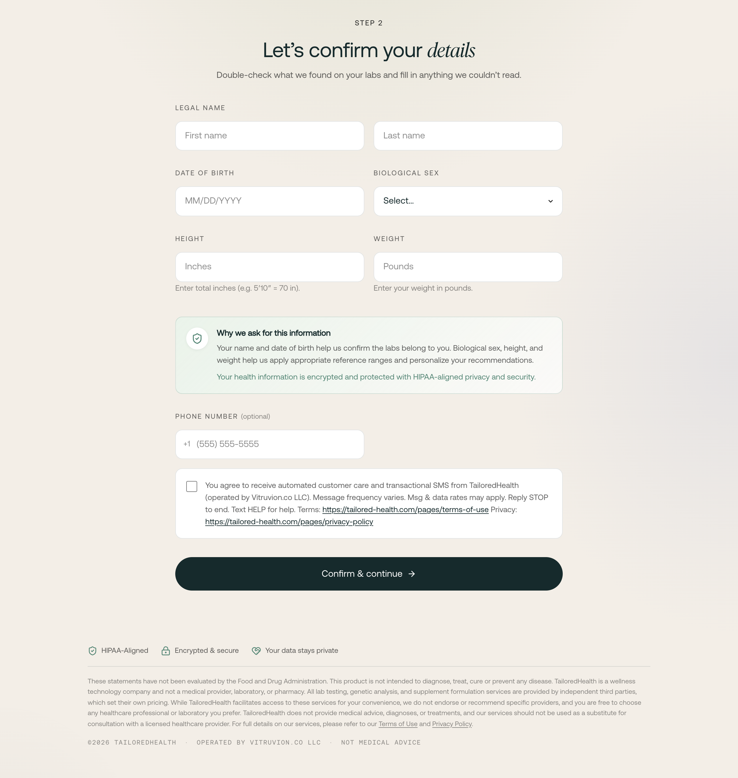 TailoredHealth Confirm details step with optional phone number, unchecked SMS consent checkbox, and footer stating TailoredHealth is operated by Vitruvion.co LLC