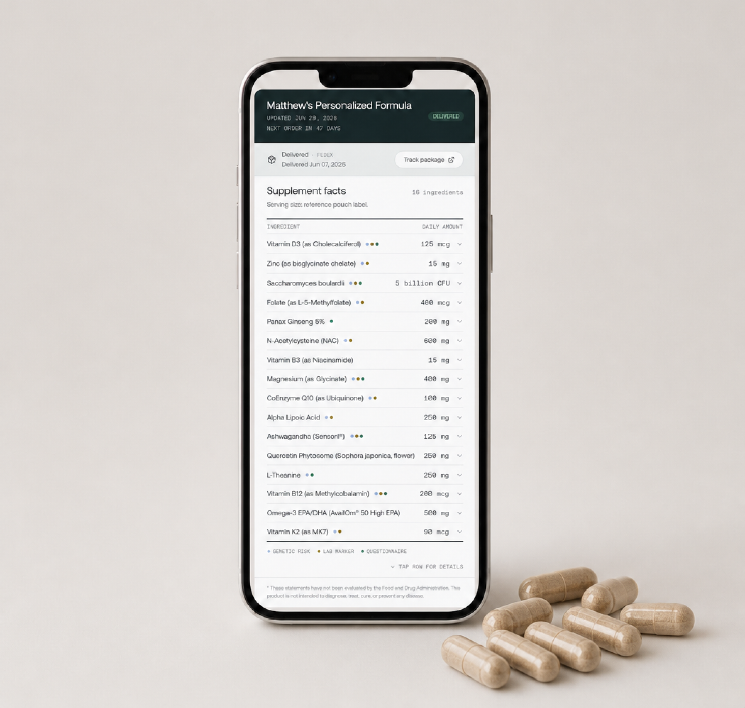 Supplement facts on phone with capsules